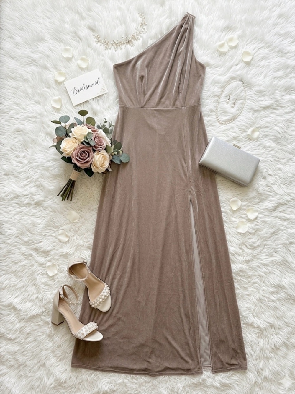 Kira Velvet One Shoulder Dress With Side Slit In Taupe